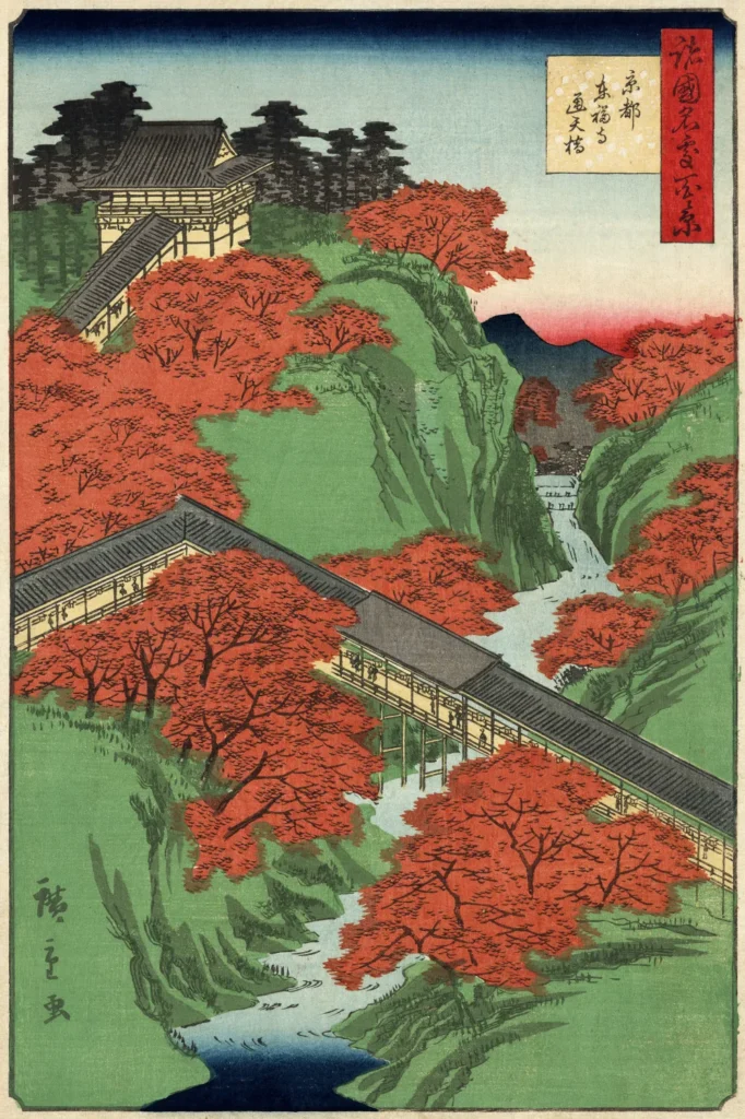 A woodblock print showing a long covered corridor bridge crossing a stream in a steep green gorge, with red maple trees on both slopes and a temple hall at upper left