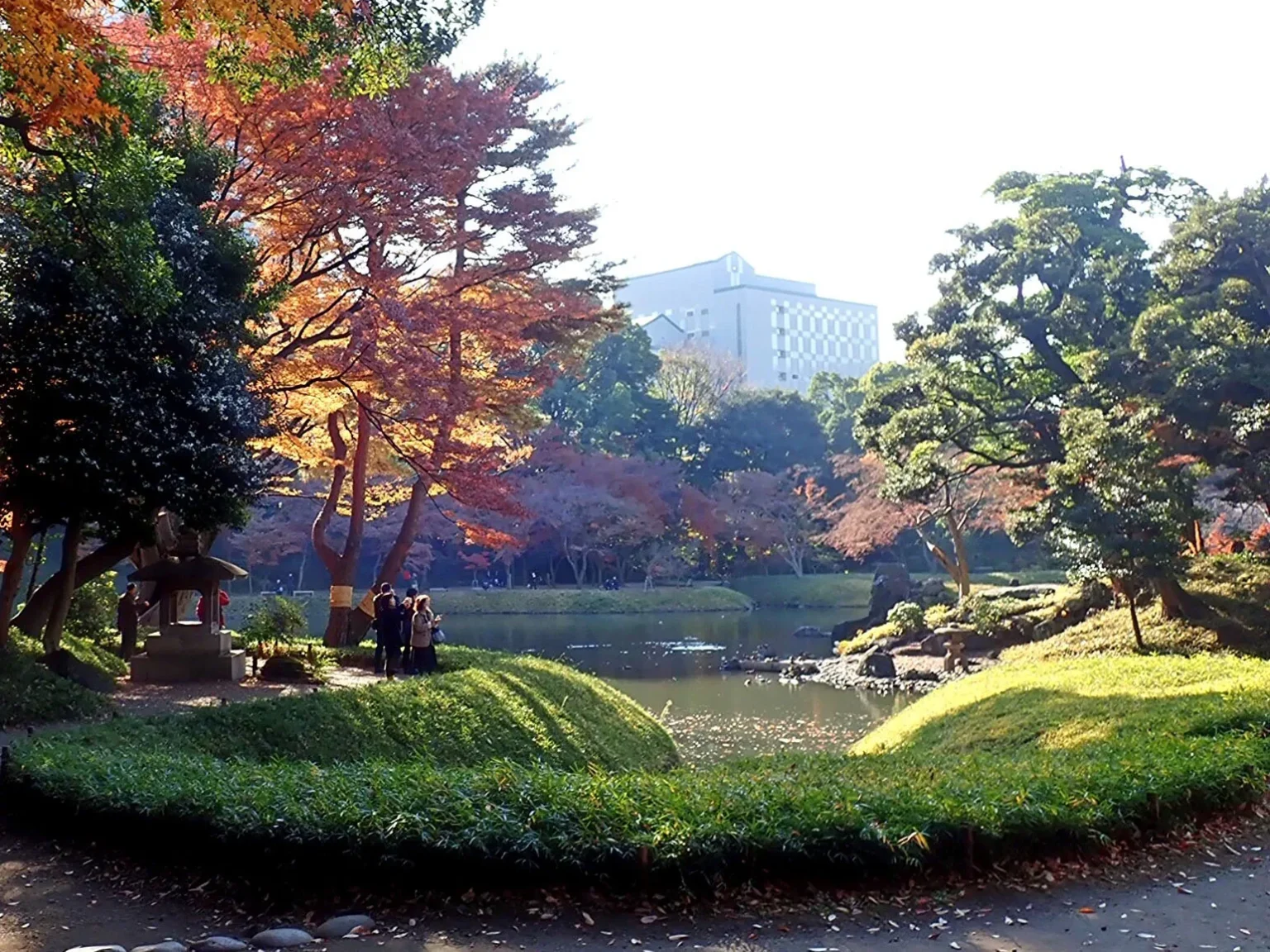 Red and orange maples on the far bank of the Daisensui pond at Koishikawa Korakuen garden in Tokyo, with a stone lantern on the left, clipped grass mounds in front and a building beyond the trees