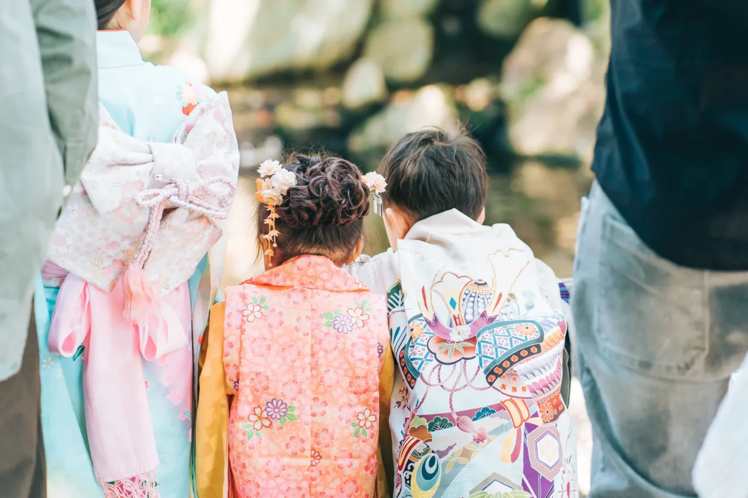 Two small children in Shichi-Go-San kimono seen from behind, standing between adults outdoors