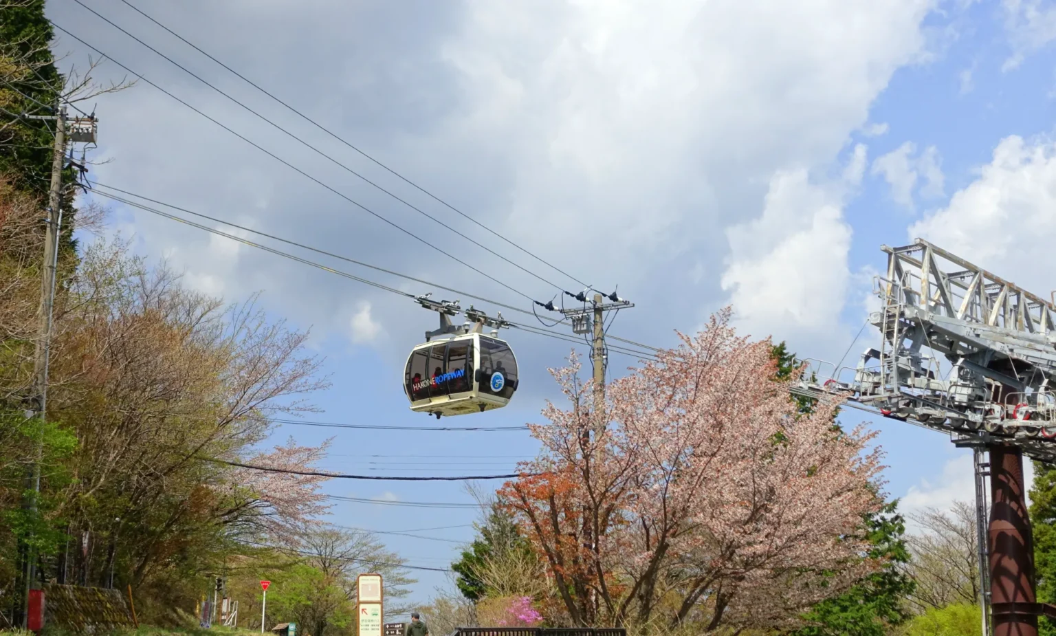A cream Hakone Ropeway gondola with dark windows and the Hakone Ropeway logo hanging from a cable against a cloudy blue sky, with flowering cherry trees and a steel cable tower to the right.