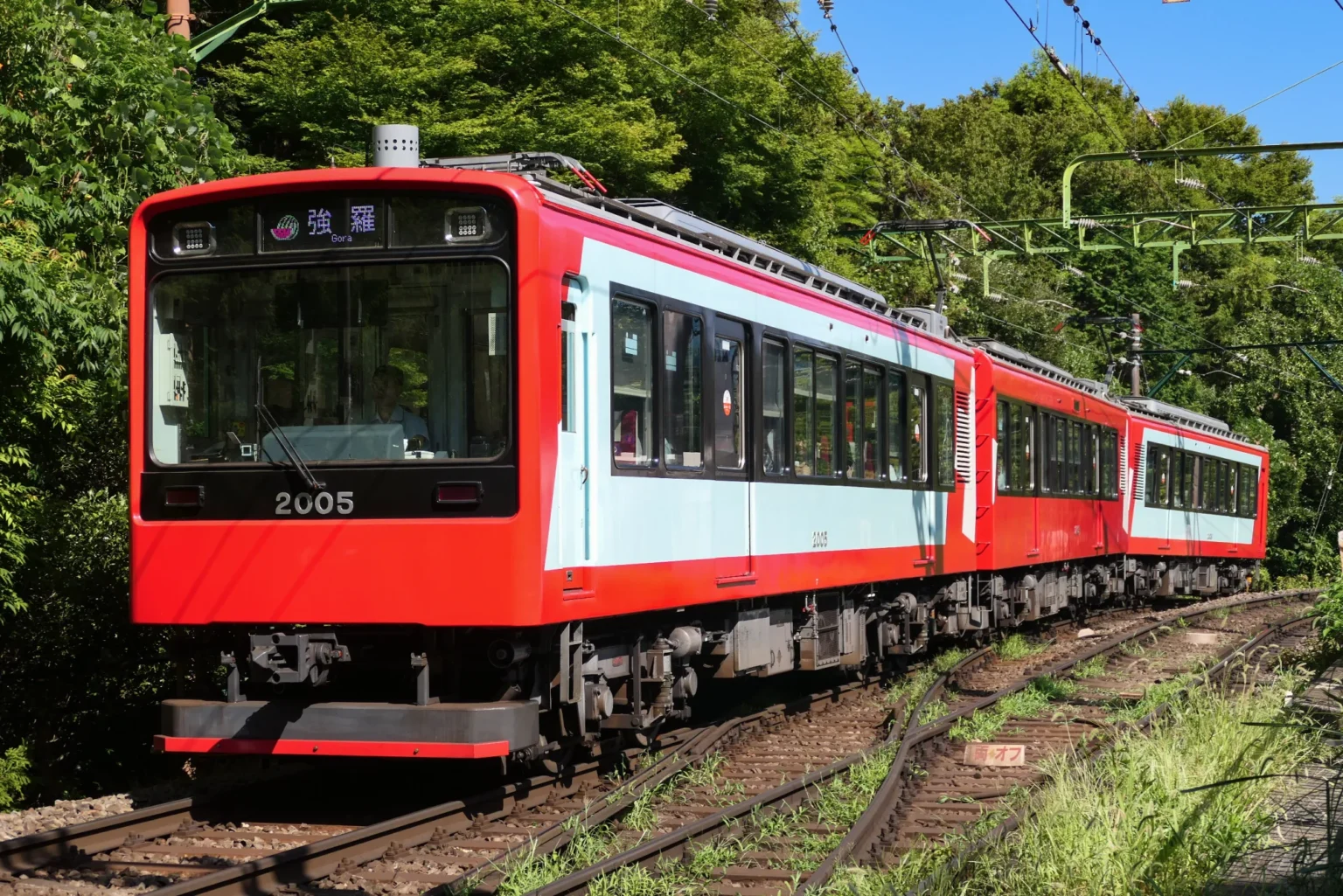 A red and white three-car Hakone Tozan 2000-series train with a Gora destination sign entering Ohiradai Station on the Hakone Tozan Line, surrounded by dense green trees.